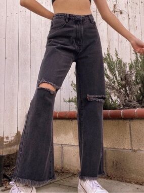 Princess Polly cece hammer wide leg knee rip jeans black denim